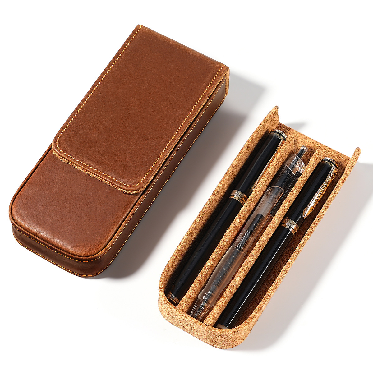 Men Accessories Drawer - กล่องใส่ปากกาหนังวัวแท้ 3 ช่อง พร้อมฝาปิดแม่เหล็ก ทำด้วยมือ สำหรับนักเรียน