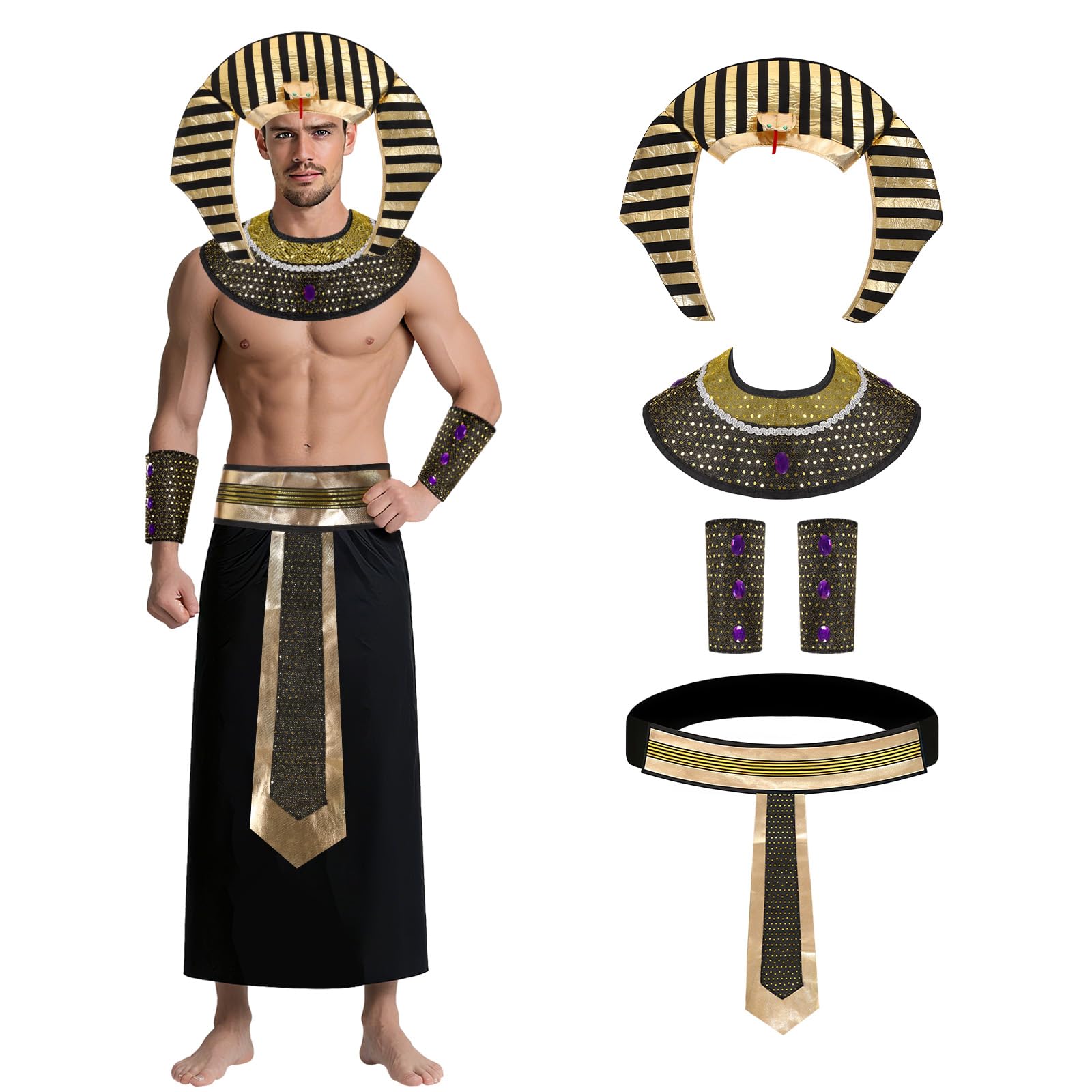Men Accessories Egypt - เครื่องประดับชุดคลีโอพัตราอียิปต์ มงกุฎฟาโรห์ ปลอกคอ เข็มขัด ปลอกแขน สำหรับฮาโลวีน
