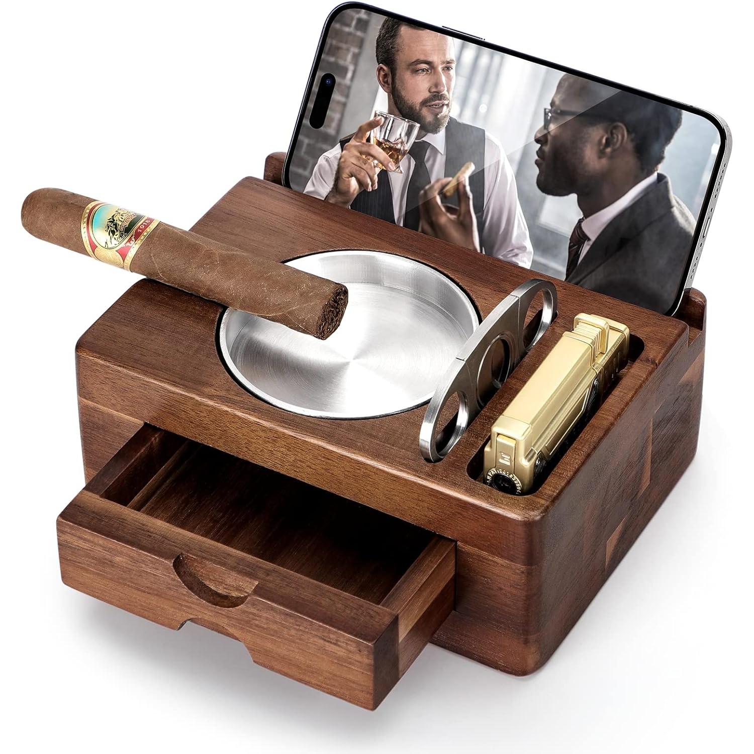 Men Accessories Drawer - ที่เขี่ยบุหรี่ไม้พร้อมที่วางโทรศัพท์และแท็บเล็ต อุปกรณ์เสริม ลิ้นชัก บาร์ในบ้าน ที่เขี่ยบุหรี่กลางแจ้ง ของขวัญสุดพิเศษสำหรับผู้ชาย