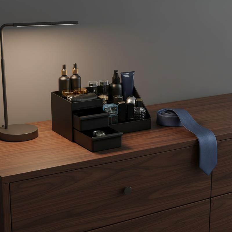Men Accessories Drawer - กล่องเก็บน้ำหอมสำหรับผู้ชายแบบ 3-in-1 พร้อมลิ้นชักซ่อน ช่วยจัดเก็บโคโลญจน์ ชุดโกนหนวด และอุปกรณ์ต่างๆ